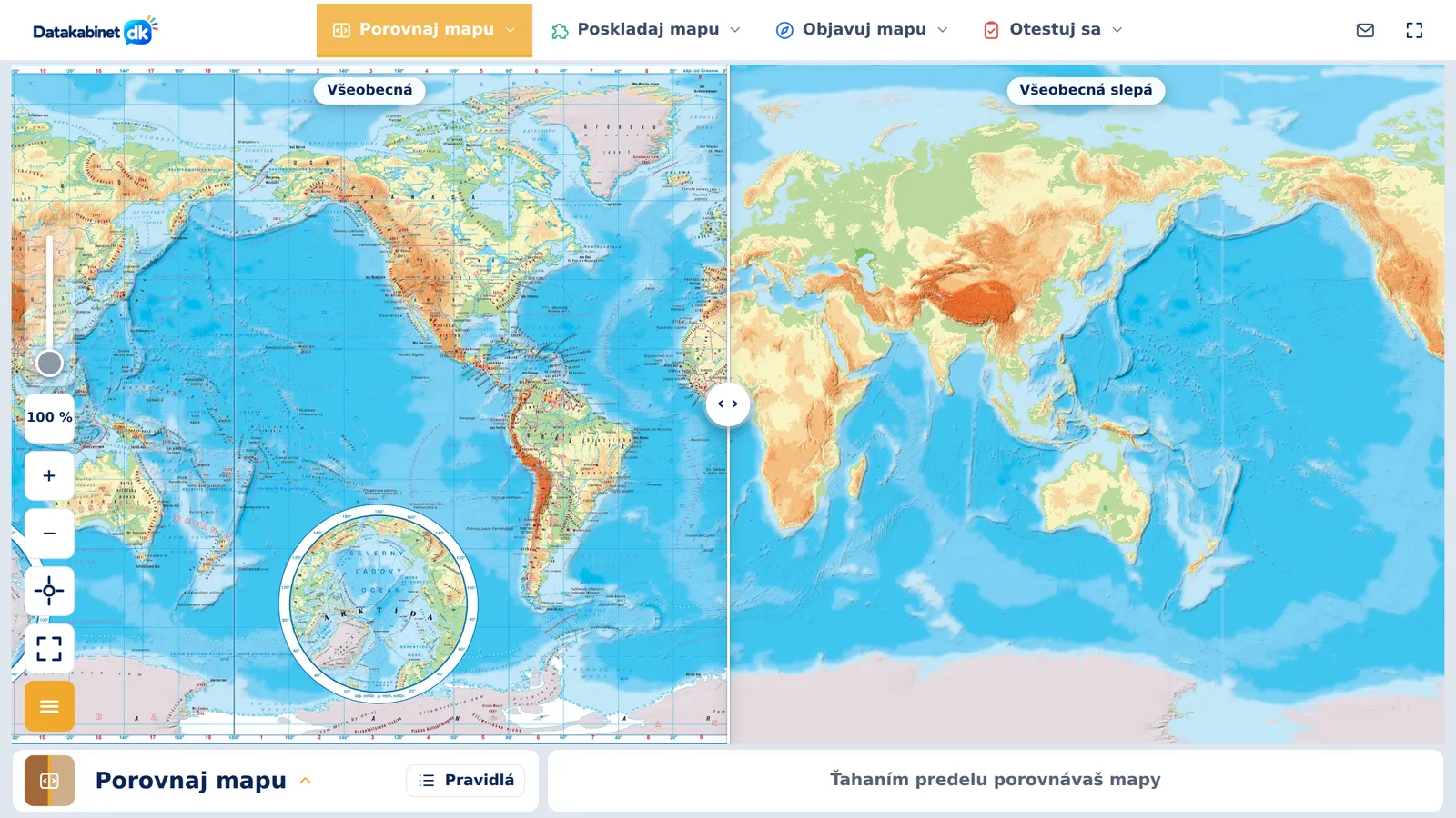 Interaktívna tabuľa – Porovnaj mapu, všeobecná a všeobecná slepá mapa